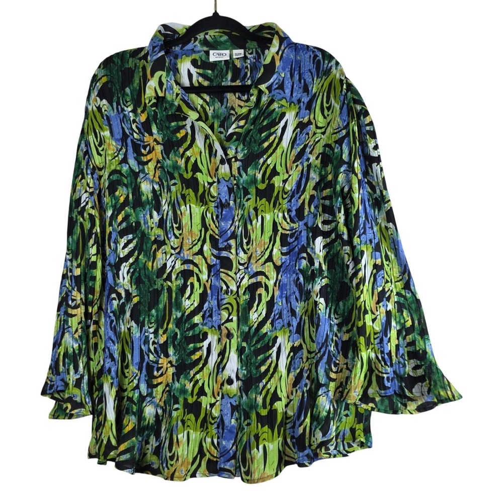 Cato Woman Button Down Shirt Green Blue Abstract Pleated Plus Sz 22/24W Tropical